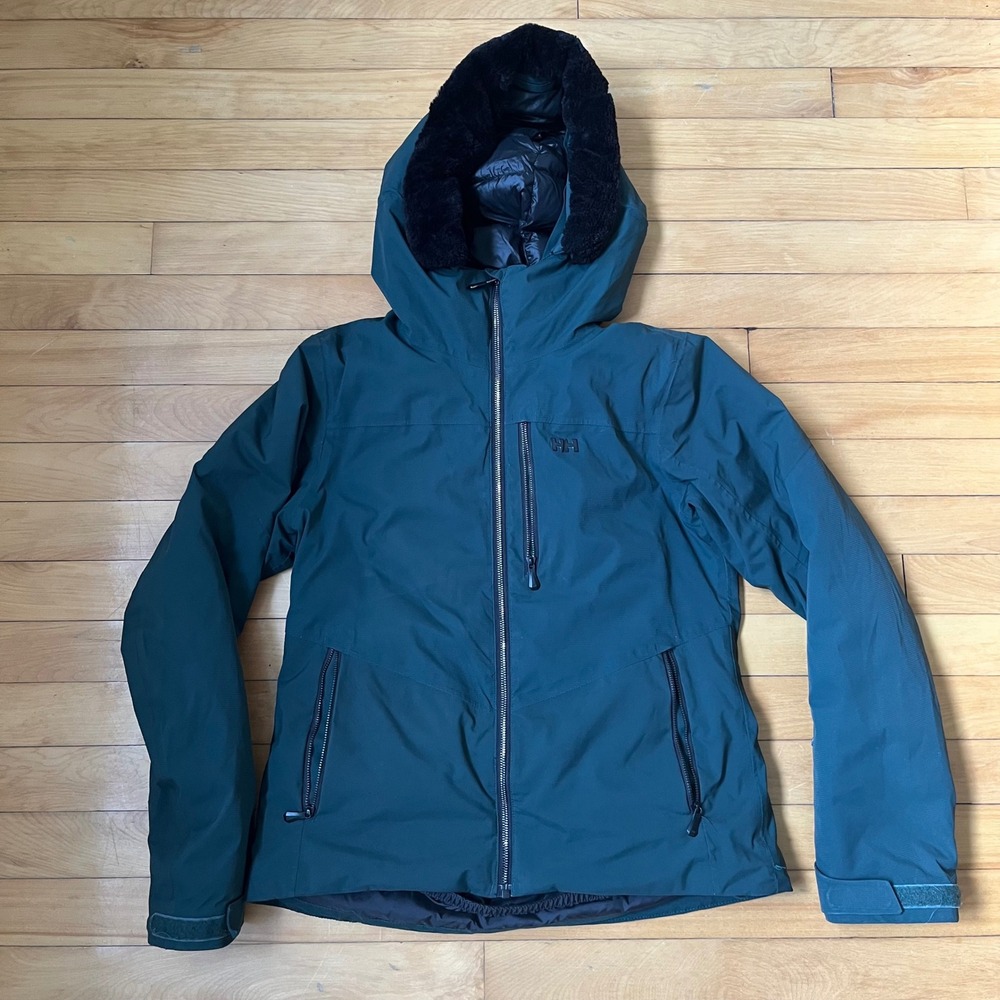 Helly Hansen Womens Forest Green Down Insulated Ski Jacket Faux Fur Hood Medium